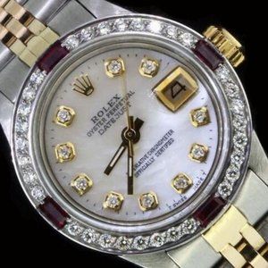 Rolex Ladies Datejust Oyster Stainless Gold Diamond Ruby Dial Bezel Watch